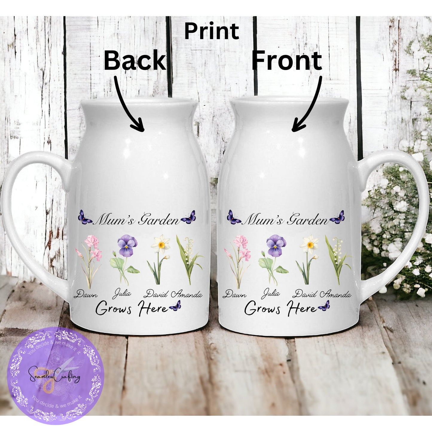 Personalised Mum's Nana's garden grows here, Ceramic Jug, Flower vase, Custom Floral names,