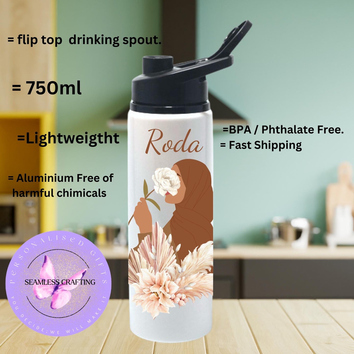 Personalised Eid Gift, Muslim Woman hijab Mug, Name in Arabic, Islamic, Mug, Hijabi Tumbler Gift For Her, Islamic Name Mug, flower hijab