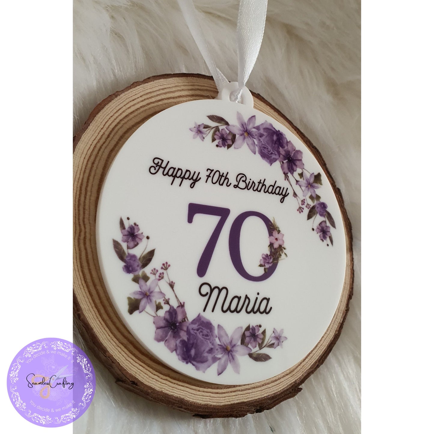 Personalised Milestone Birthday Hanging Acrylic ornament & Mug, Any age Purple flowers Plague, Gift For Her, 18th, 50th Birthday Keepsake
