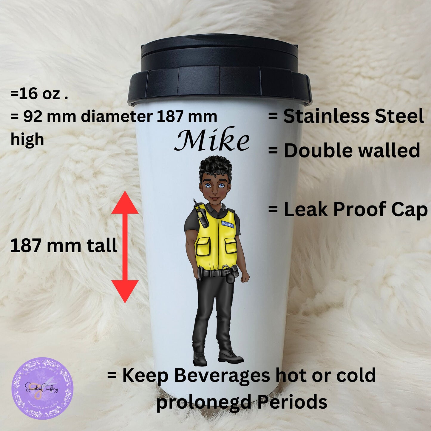 Personalised Male police officer travel mug, Policeman gifts, New PCSO, Copper coffee cup, Build your character, Travel Thermos mug