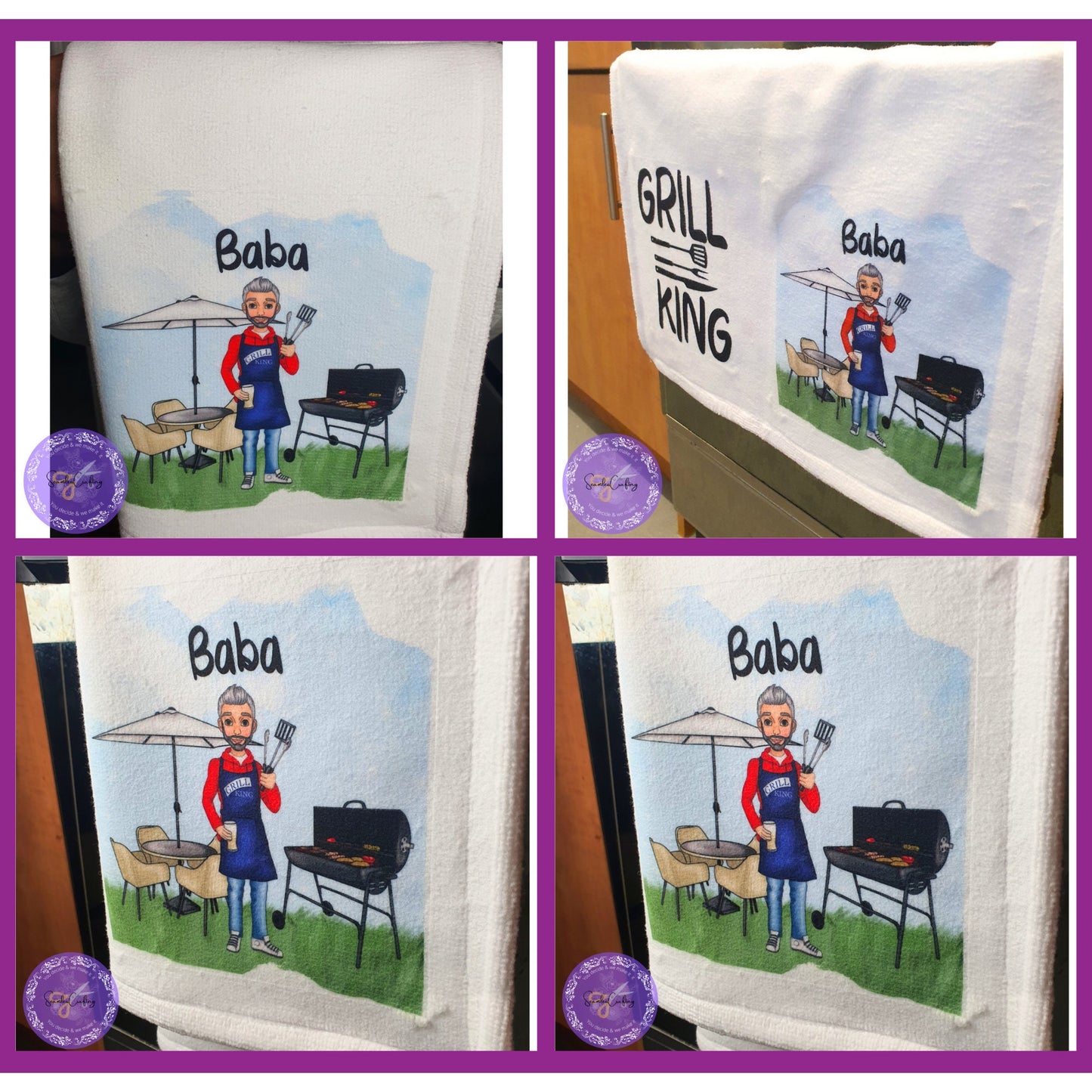 Personalised Character Barbeque Grill King Character Tea towel, Dad Grandfather gift, BBQ kitchen towel, build your caricature, add any text