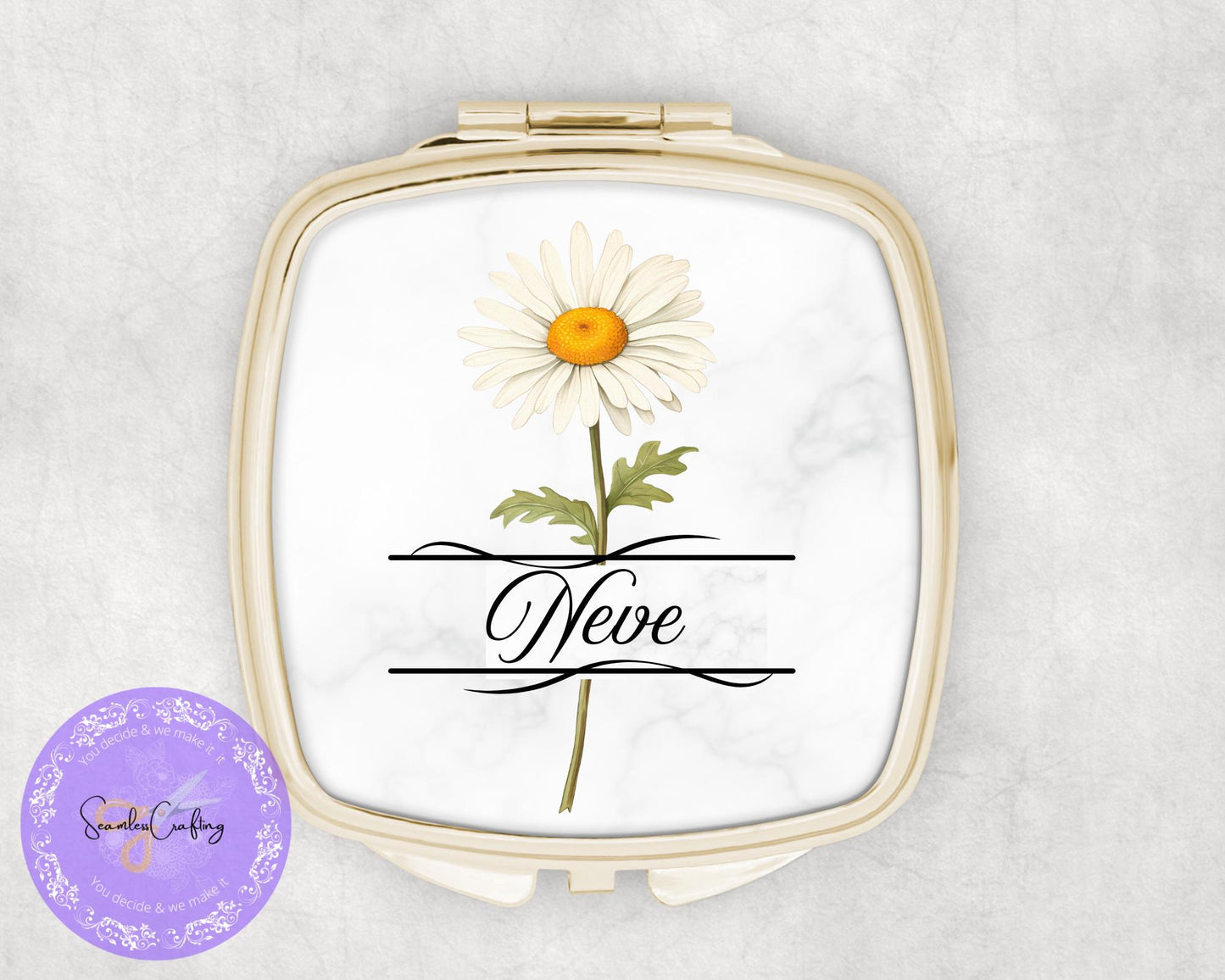 Personalised Pocket Flower of the Month Compact Mirror, add any name, Gift for her, Bridal gift, Rose Gold, Gold Mirror, Wedding Favor