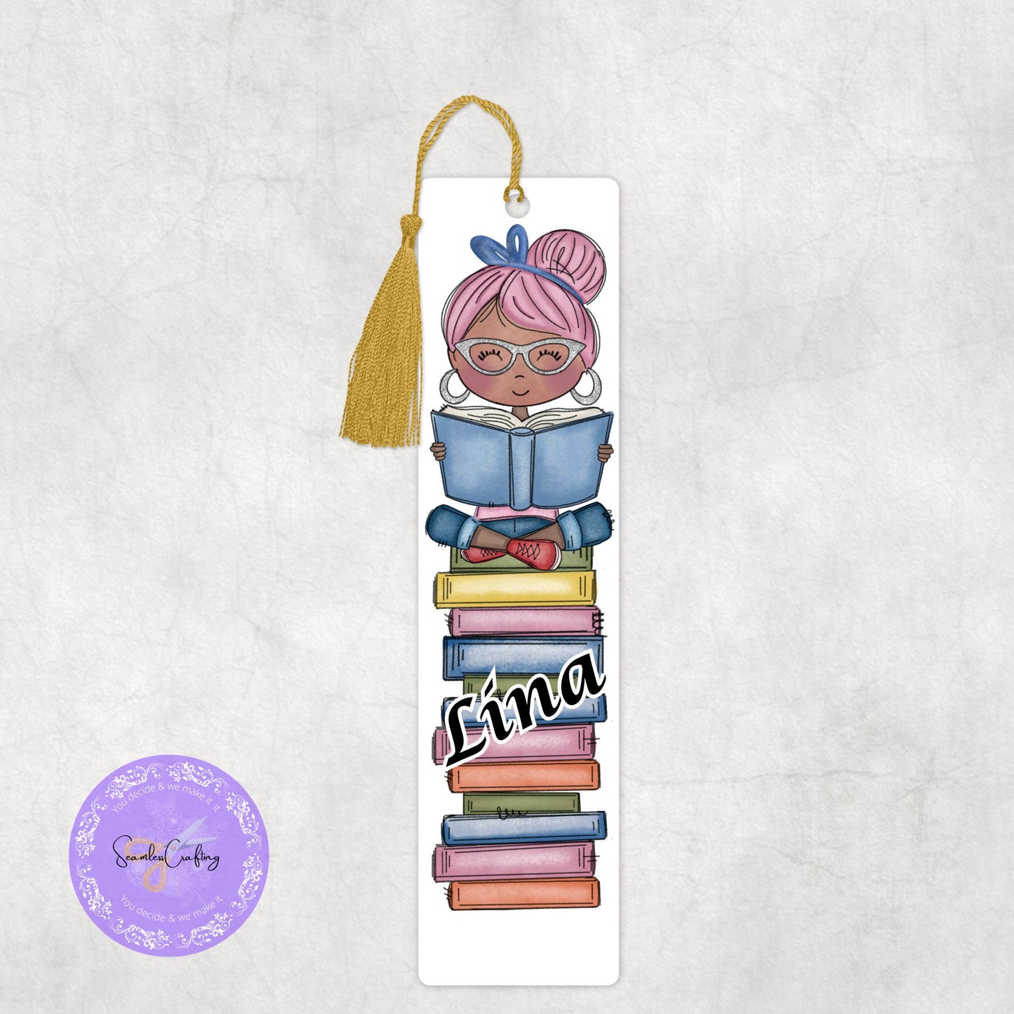 Personalised little Girl sitting on stack of books, add any name, Character page marker, gift for girl, choose hair colour & skin tone