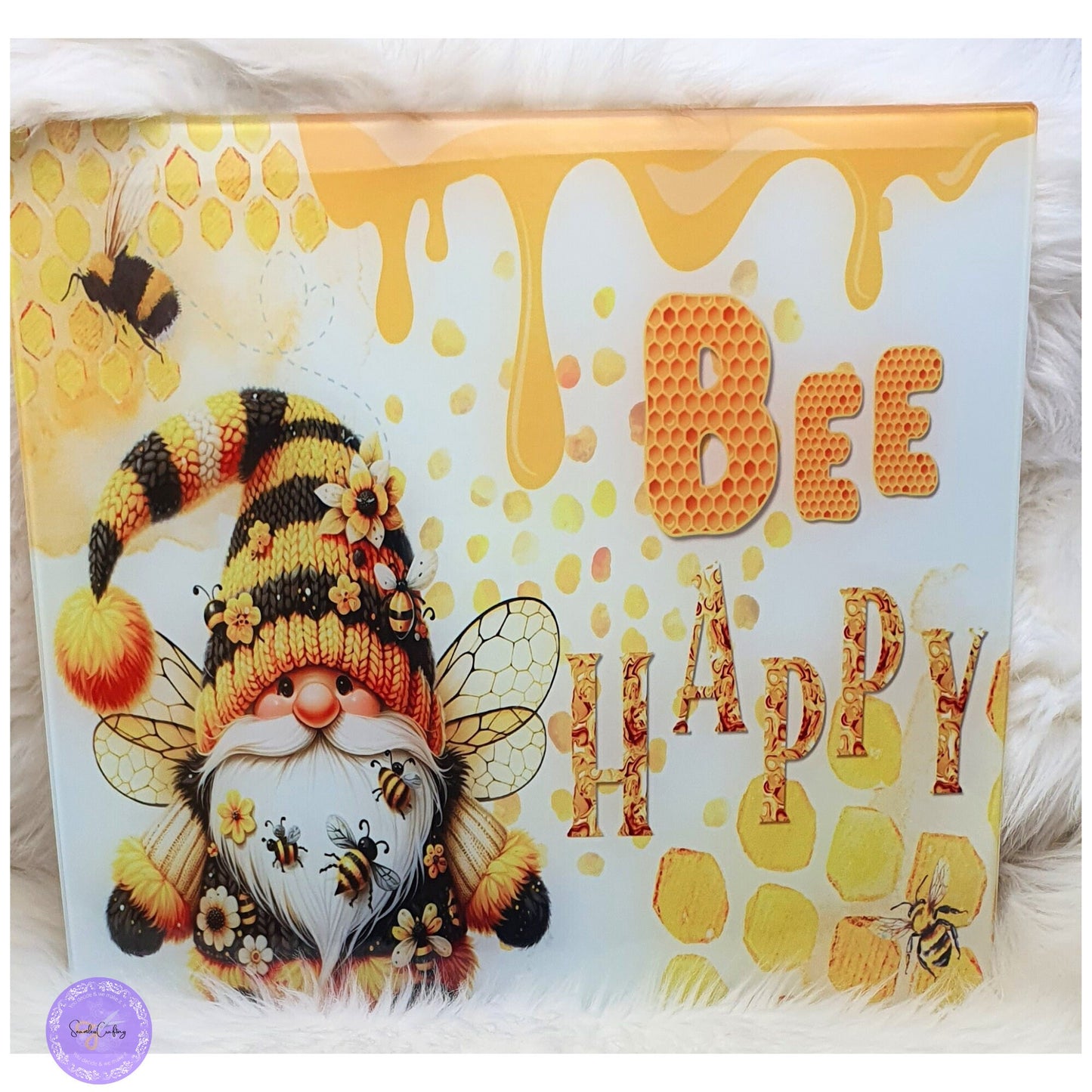 Personalised Glass Gnome chopping board, Cooking lover gift, Tampered Glass, Baker, Chef cooking Aid, Birthday Gift, Bee happy Motivational