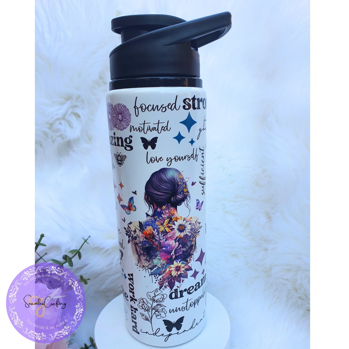Personalised aluminium inspirational colourful butterfly flowers water bottle, Positive affirmation mental health awareness bottle.