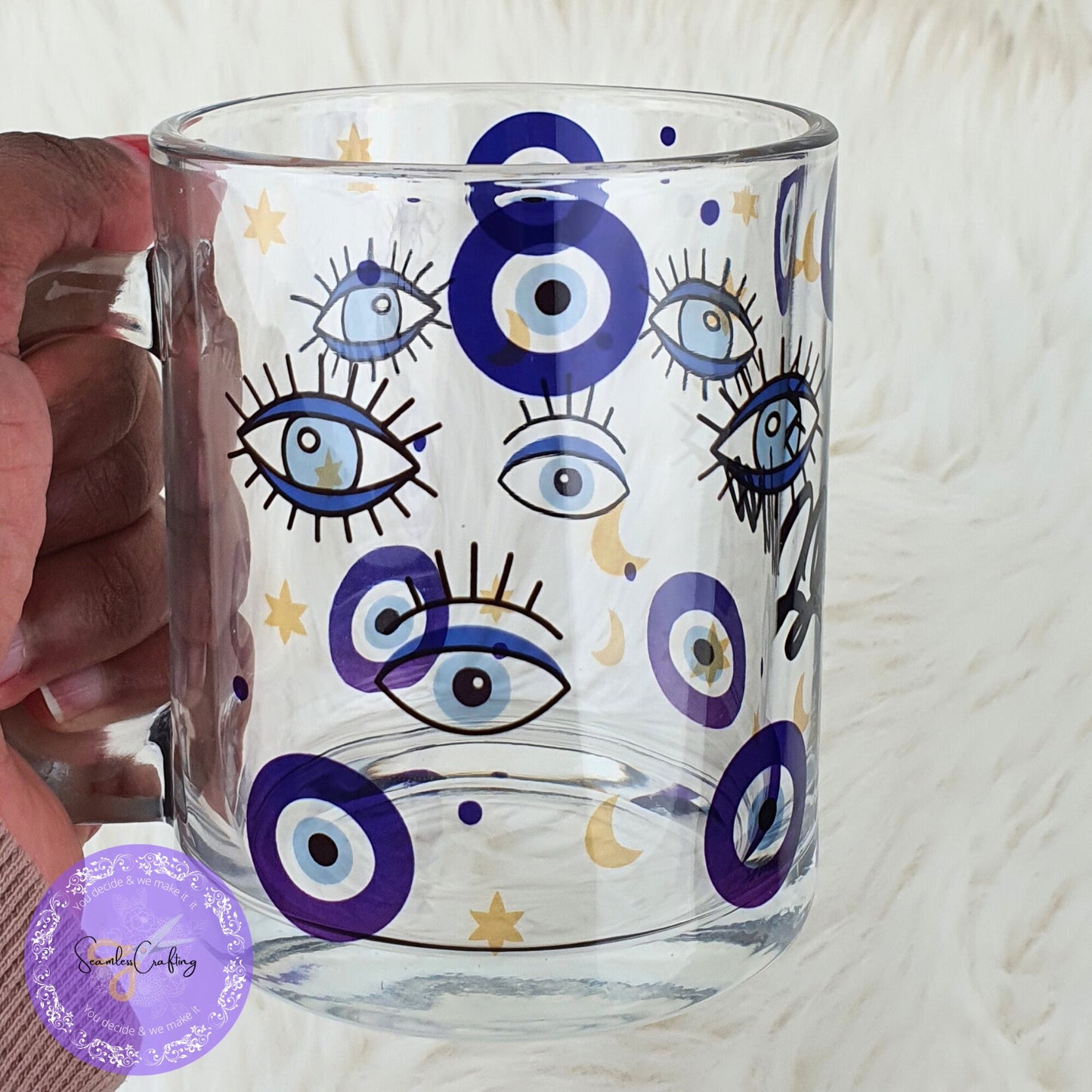 Personalised All-Seeing Eye Cup. Turkish Eye Protection, Spiritual Glass Cup Gift, Clear Glass mug Evil Eye Style, Nazar, Hot drinks