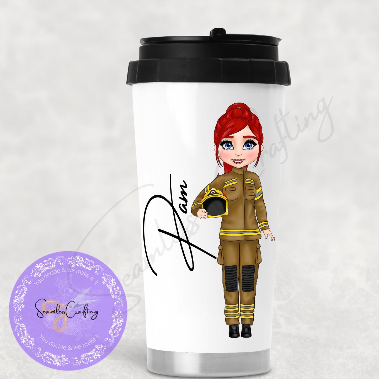 Personalised Female Fire Fighter character gift mug, Firewoman travel mug, Insulated Stainless Steel Cup, Gift for her, Rescue Services