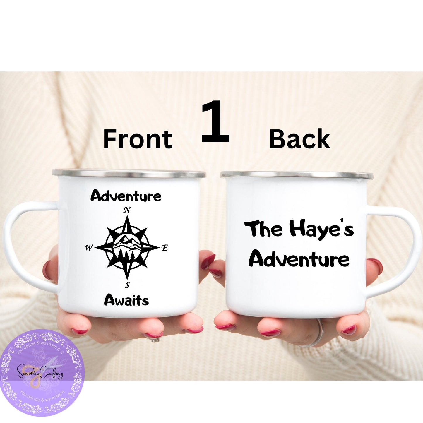 Personlised Adventure Awaits Enamel Mug, Enamel Camping Mug, Campass Camping Mug, Family Camping Gift, Gift For Campervan Lover, Campinglife