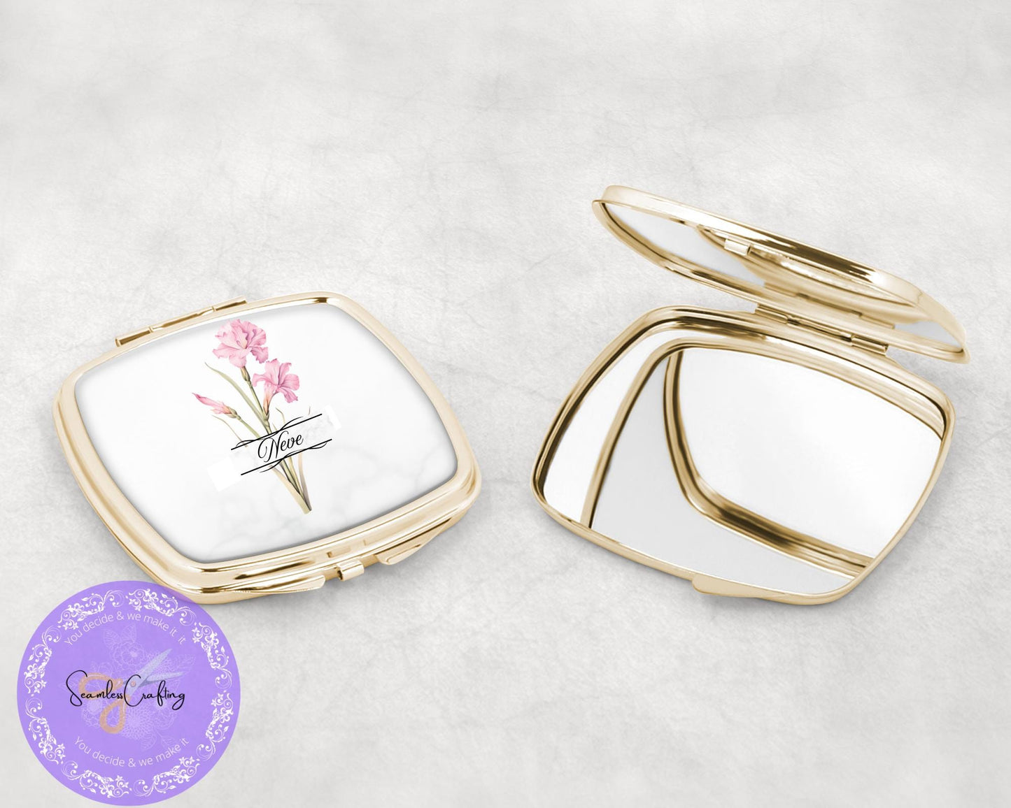 Personalised Pocket Flower of the Month Compact Mirror, add any name, Gift for her, Bridal gift, Rose Gold, Gold Mirror, Wedding Favor