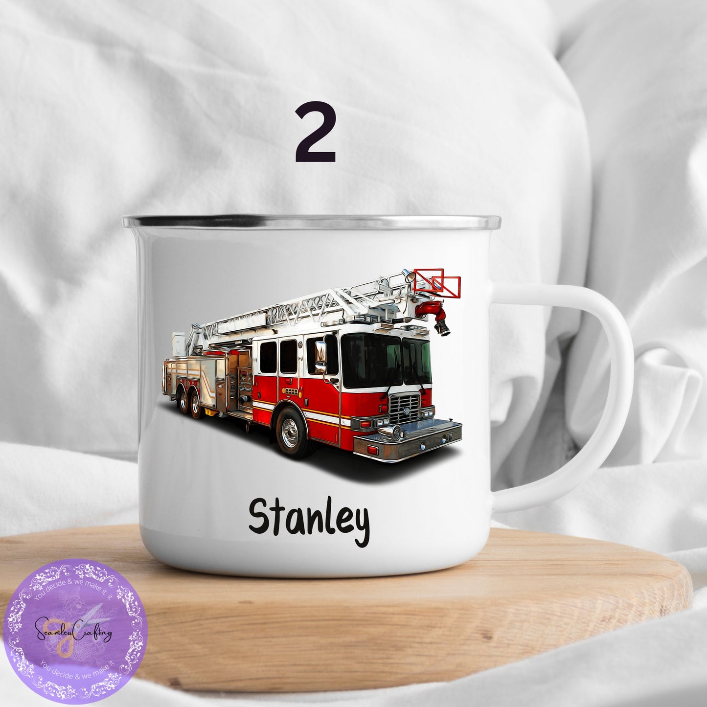Personalised Enamel Mug Trex- Dinosaur Truck, Fire Engine Enamel Mug, Choice of Design, Personalise Name Mug, Gift For Kids