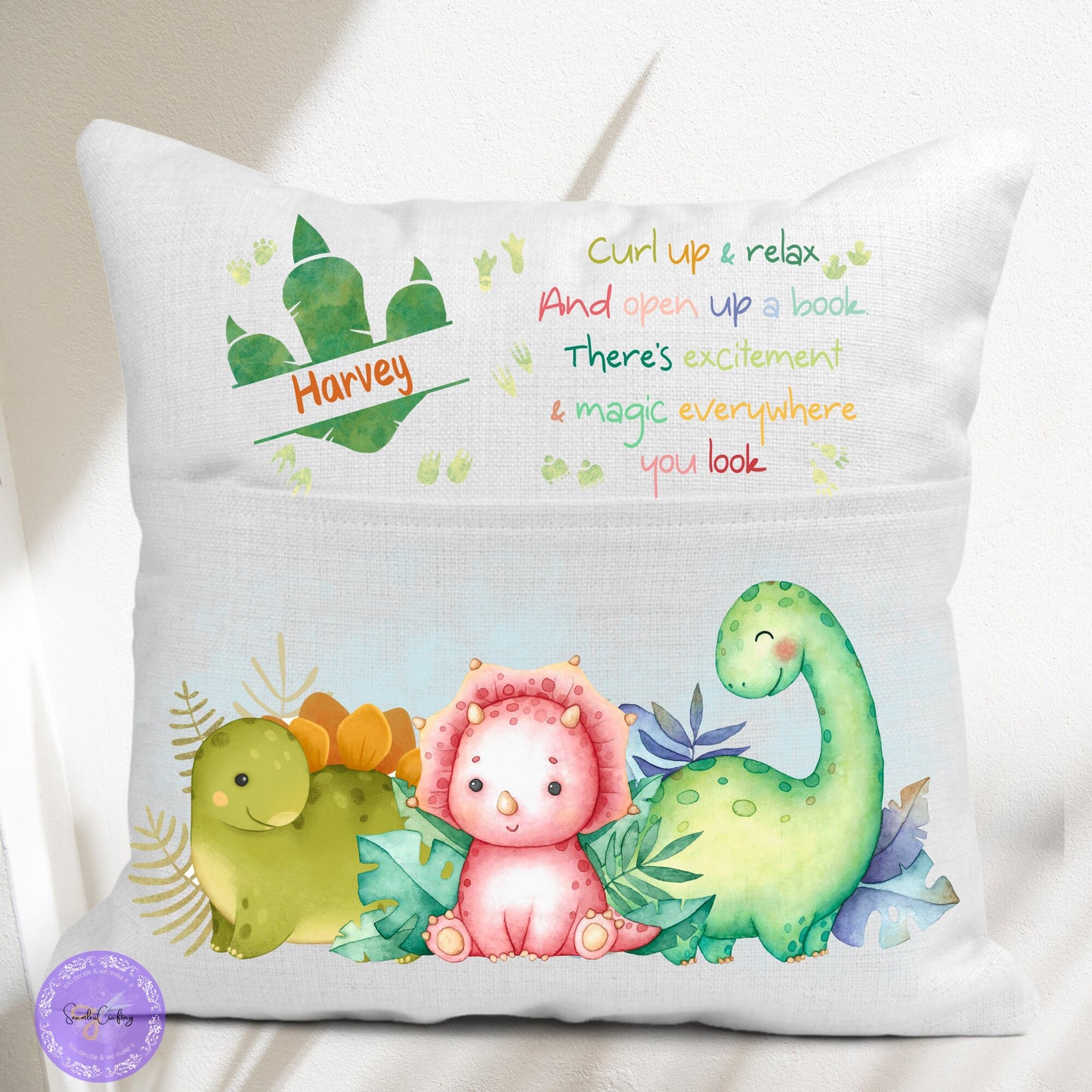 Personalised Dinosaur Pocket Reading Pillow, Customised name Curl up & Relax Cushion,Nursery Gift Pillow, Birthday Gift, First reading gift