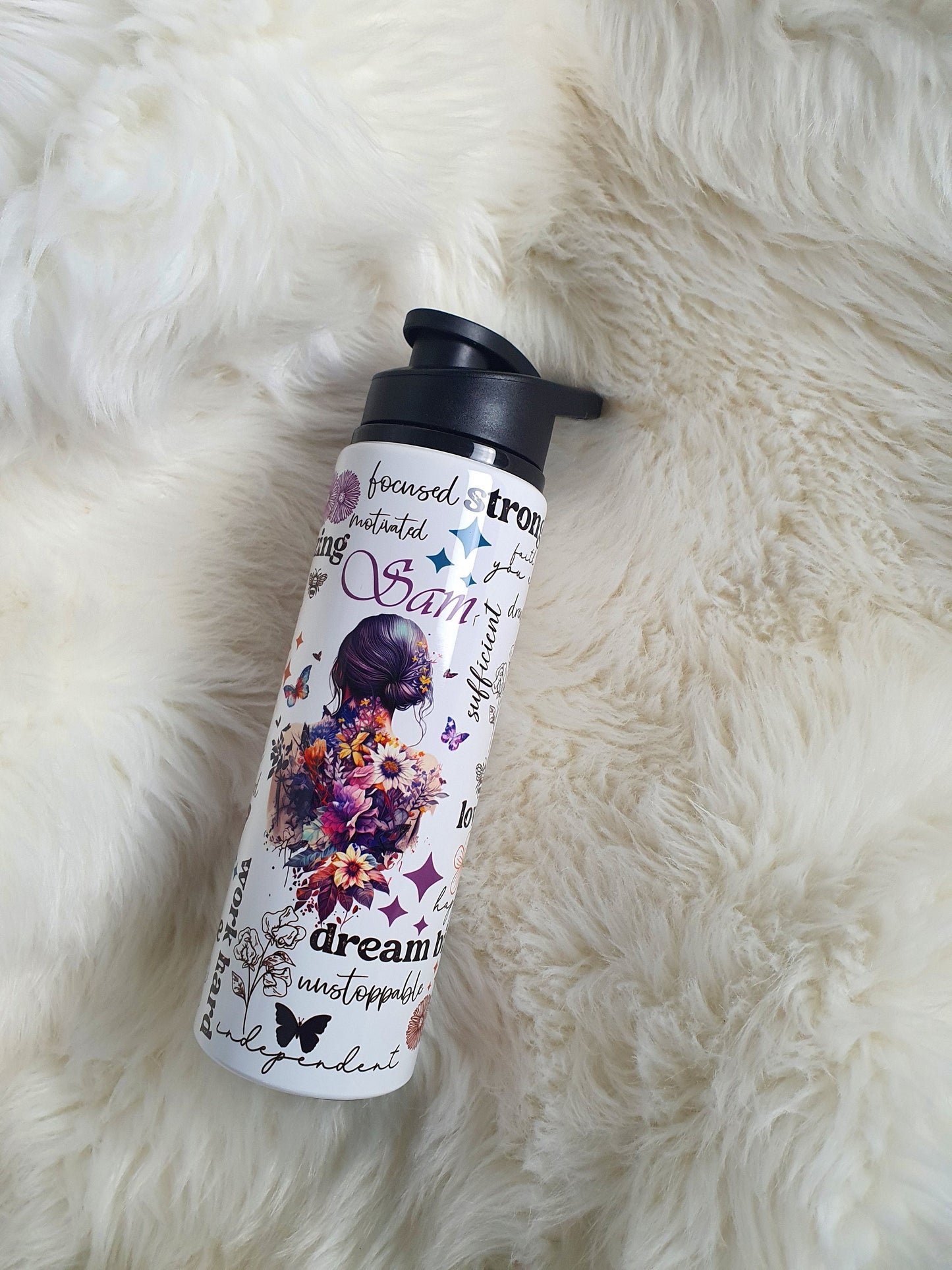 Personalised aluminium inspirational colourful butterfly flowers water bottle, Positive affirmation mental health awareness bottle.