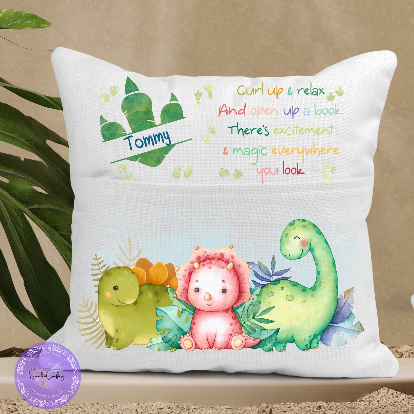 Personalised Dinosaur Pocket Reading Pillow, Customised name Curl up & Relax Cushion,Nursery Gift Pillow, Birthday Gift, First reading gift