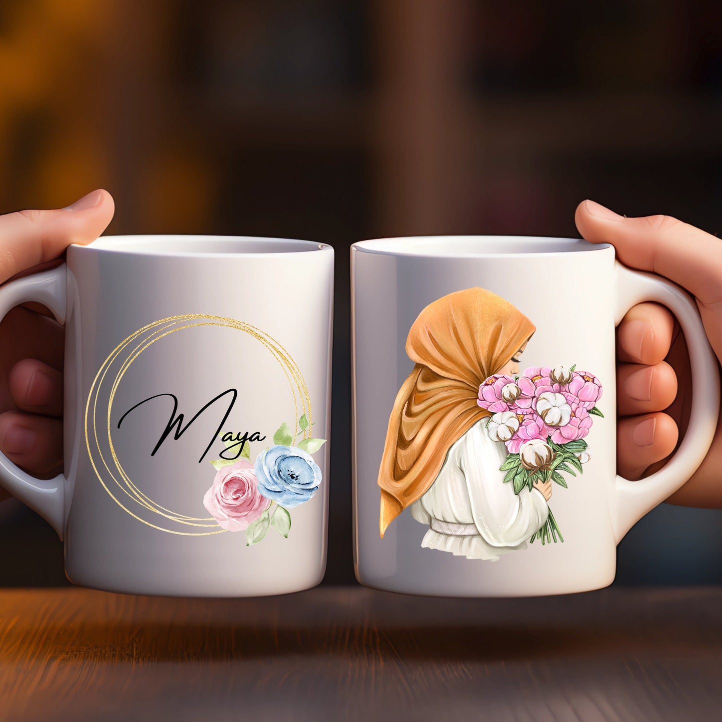 Personalised Eid Gift, Muslim Woman hijab Mug, Name in Arabic, Gold wreath Mug,Hijabi Mug Gift For Her, Islamic Name Mug, flower hijab woman