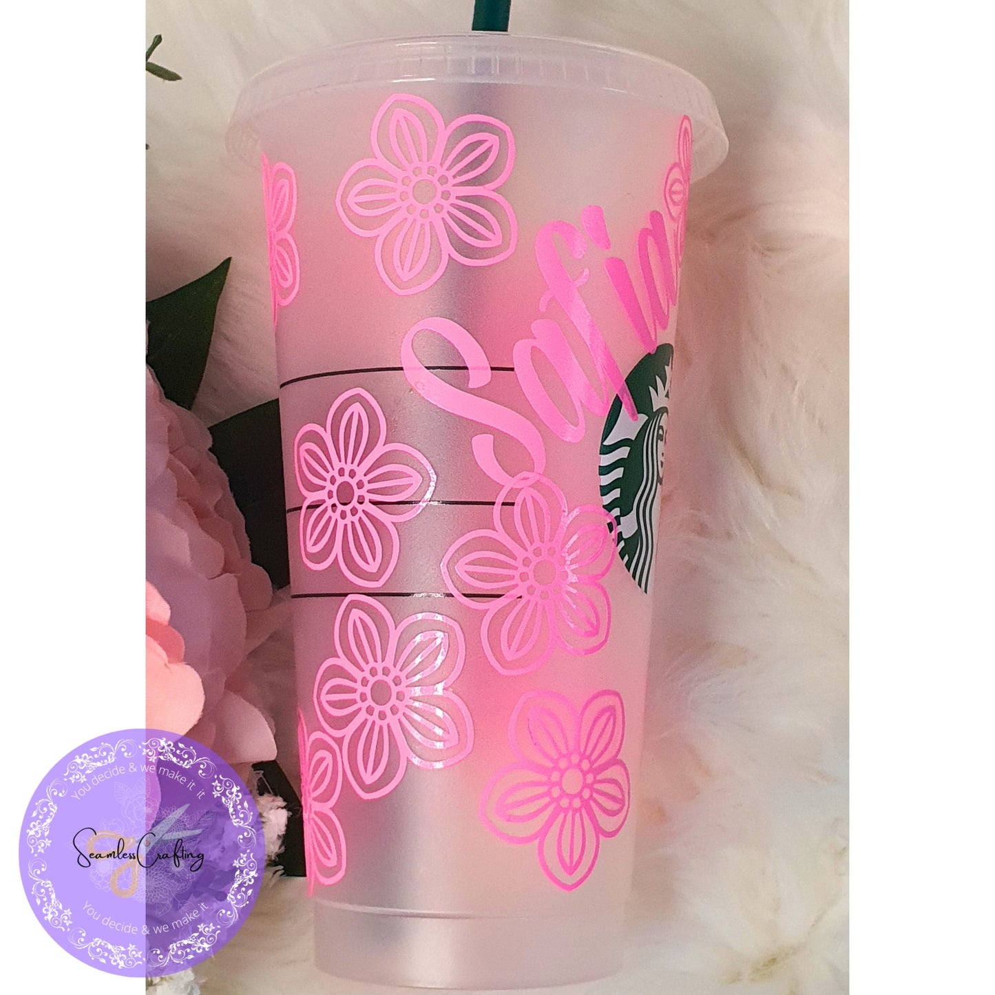 Personalised cold cup with straw, 24 oz flower tumbler names, Reusable iced coffee Venti cup, birthday gift for bridesmaid gift cold cup