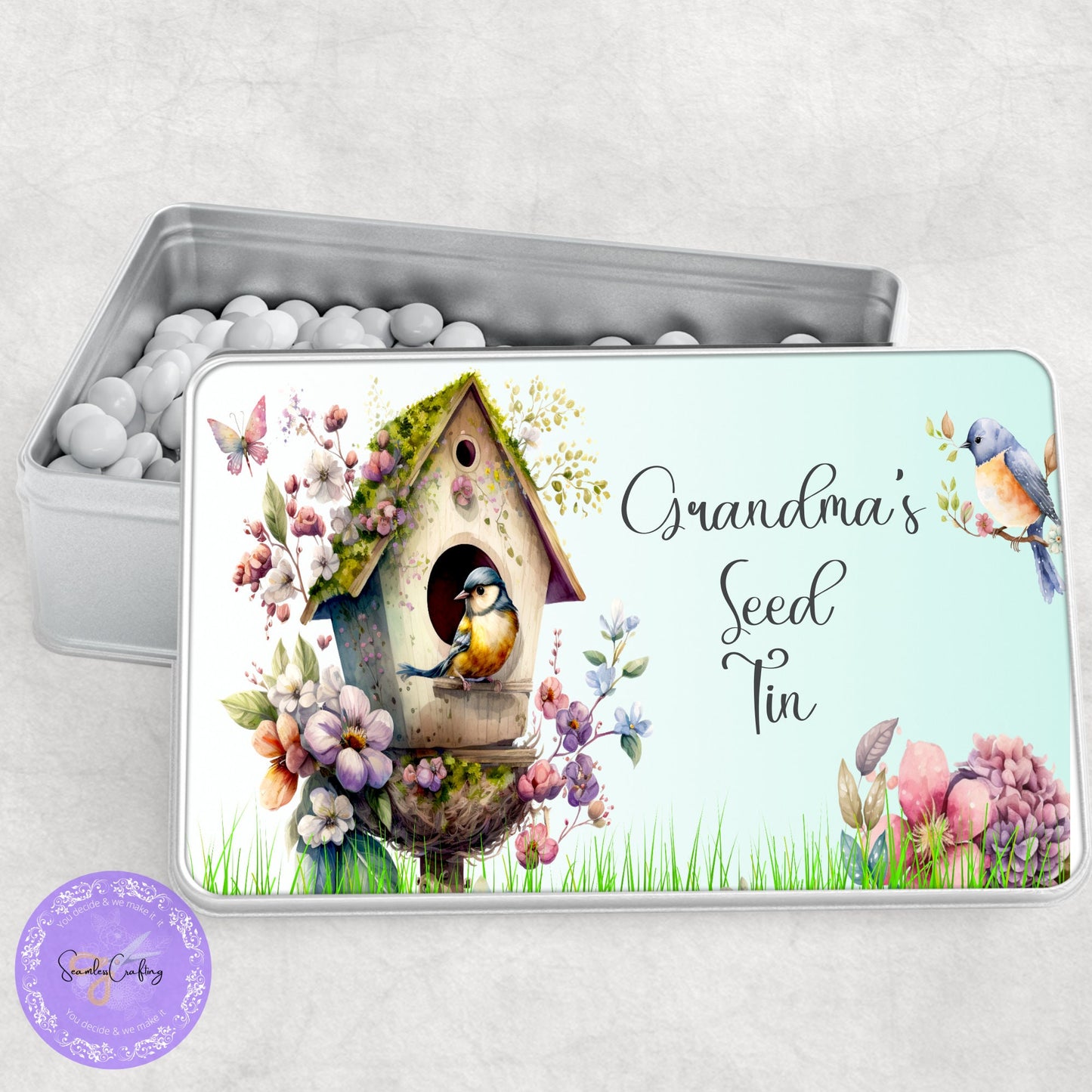 Personalised Bird Seed Tin, Novelty Metal Tin, add any text, Seed Storage, Gift for Her, him, Gardening Gift, Aluminium Tin, Bird Lover Gift