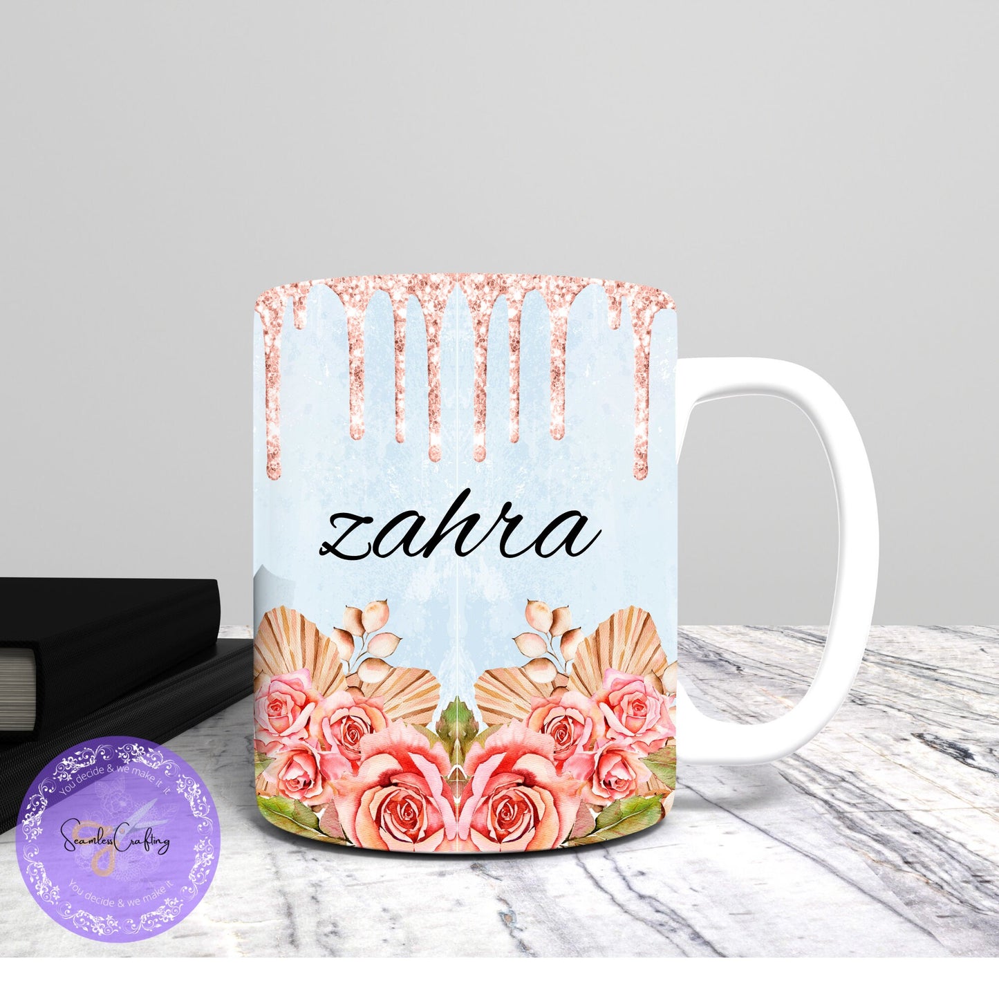 Personalised Arabic Name & English Pink Flower Mug, Custom Mug, Gift for her, Floral coffee Mug, Bride, Present, Friend Eid Gift, Coffee Cup