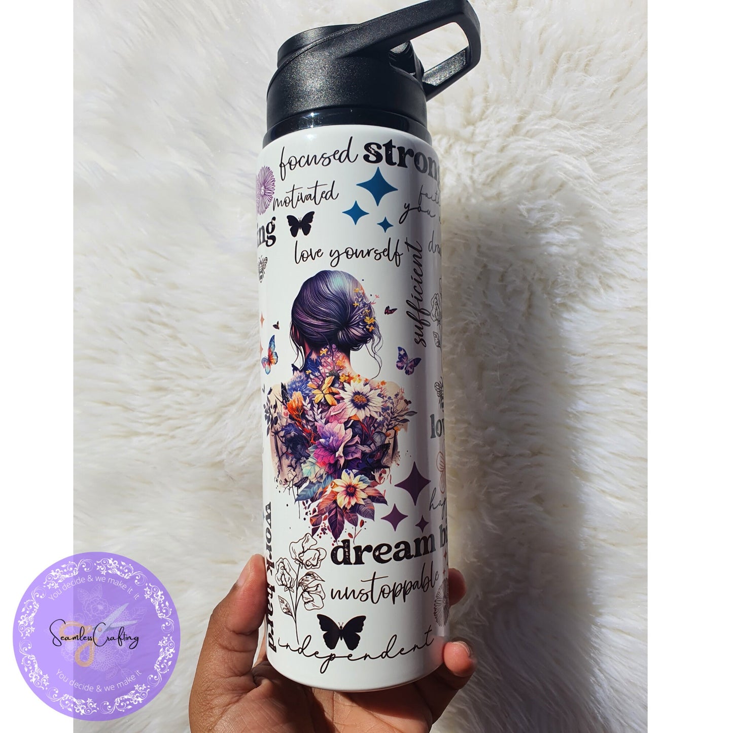 Personalised aluminium inspirational colourful butterfly flowers water bottle, Positive affirmation mental health awareness bottle.