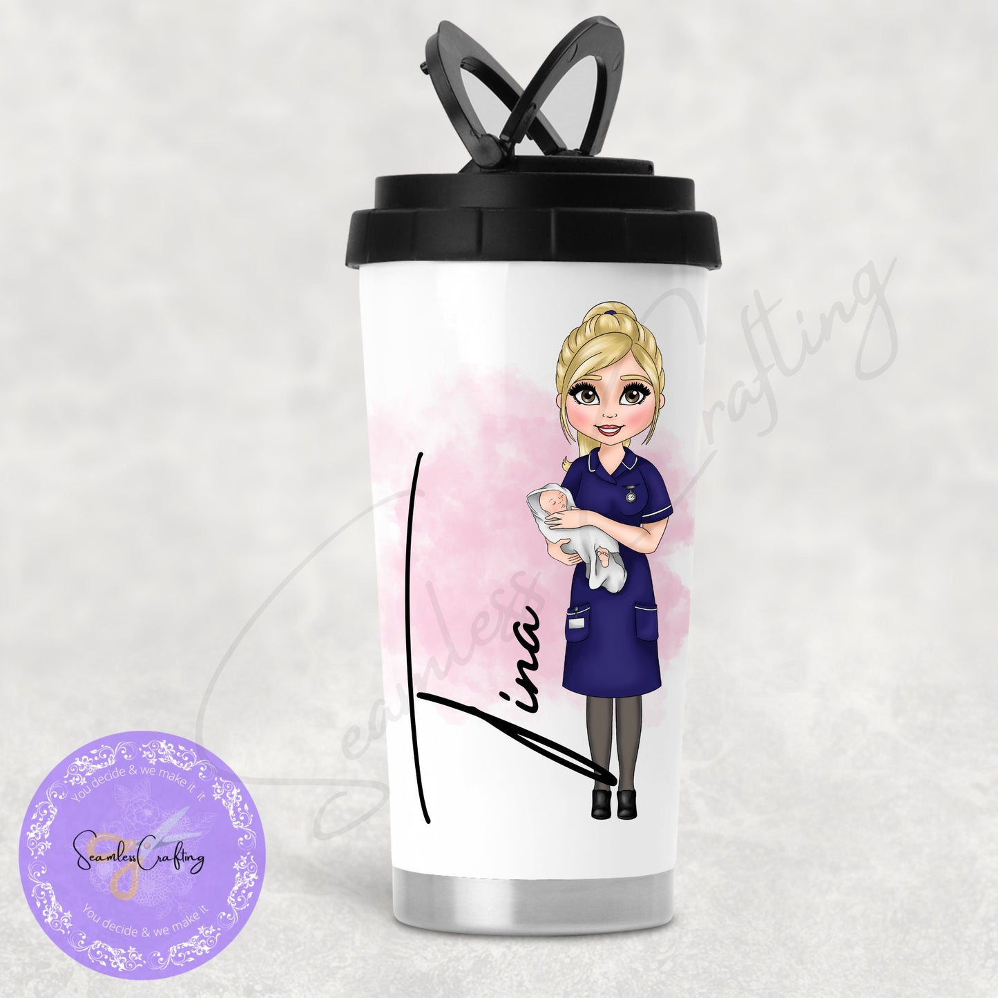 Personalised Midwife Navy uniform Thermos flask, Insulated Travel Mug, Trainee midwife Gift, Reusable Cup For work, Design your Character