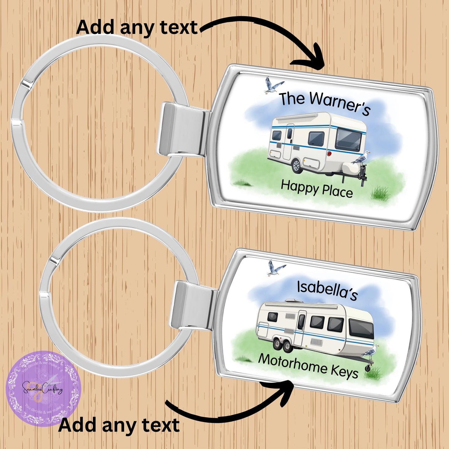 Personalised name Caravan keyring, Custom any text & names, Campervan holiday gift, housewarming gift, New Caravan present metal keyring