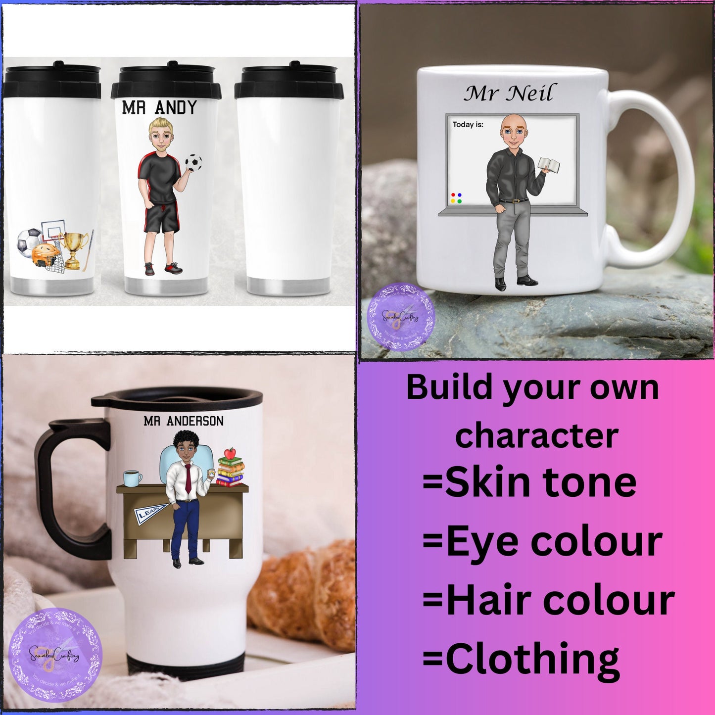 Personalised Male teacher Caricature, Character Coffee mug, End of School present, New Teacher, build your character, Thermal cup