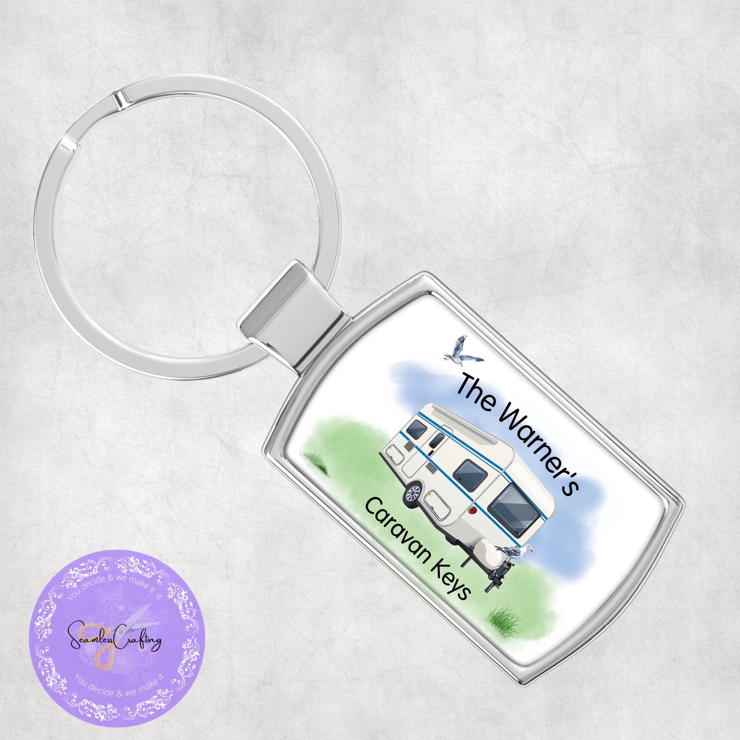 Personalised name Caravan keyring, Custom any text & names, Campervan holiday gift, housewarming gift, New Caravan present metal keyring