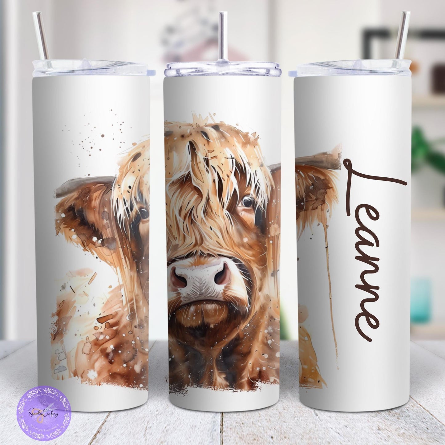 Personalised Highland Cow water Bottle - 20 oz Tumbler Gift, Cute Highland Coo Design, Stainless steel, Add any name thermal cup, fluffy coo