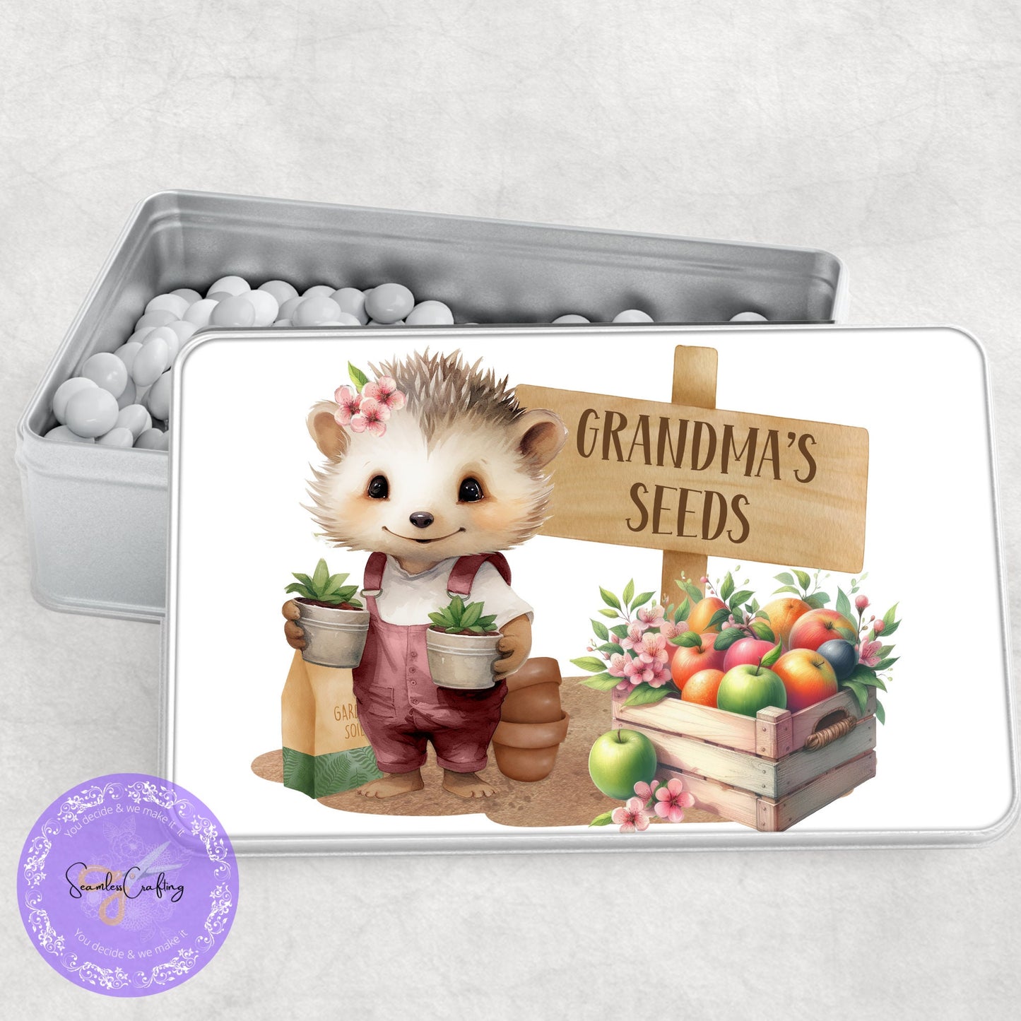 Personalised Hedgehog Gardening Seeds Tin, Garden Seed Storage, Add any name or text, Aluminium metal allotment keepsake, seed kit box
