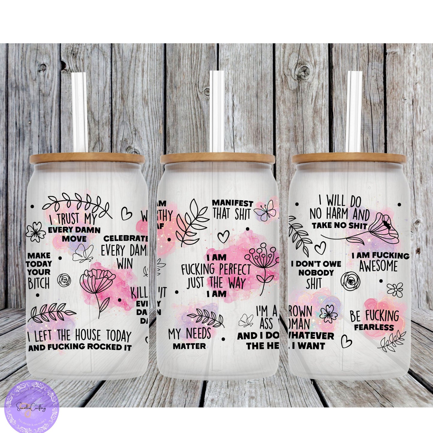 Sweary Daily Positive Reminders Glass mug Cup, Mental Health Awareness, Positive affirmation self-love beer can glass cup, You are Enough