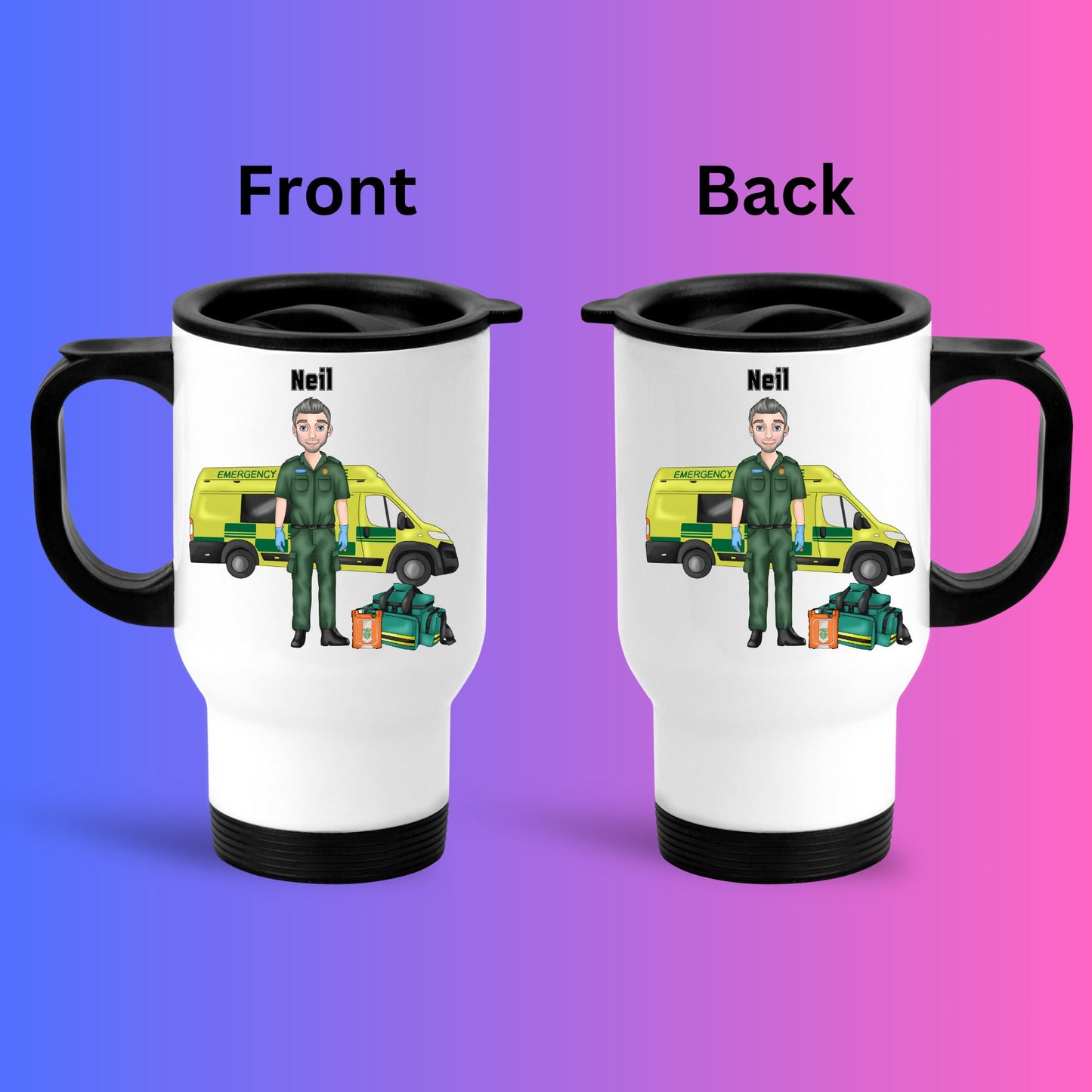 Personalised Paramedic male Character Travel mug gift, First Responder Ambulance Gift for him, Thank you Gift, Paramedic Technician uniform