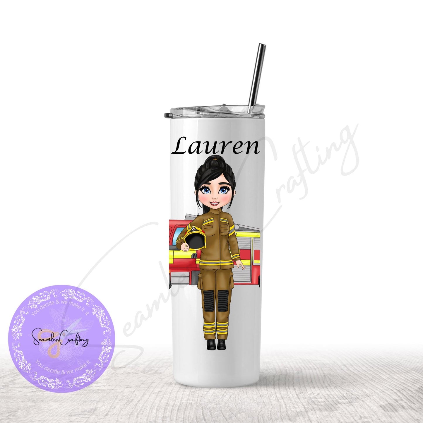 Personalised Female Fire Fighter character gift mug, Firewoman travel mug, Insulated Stainless Steel Cup, Gift for her, Rescue Services