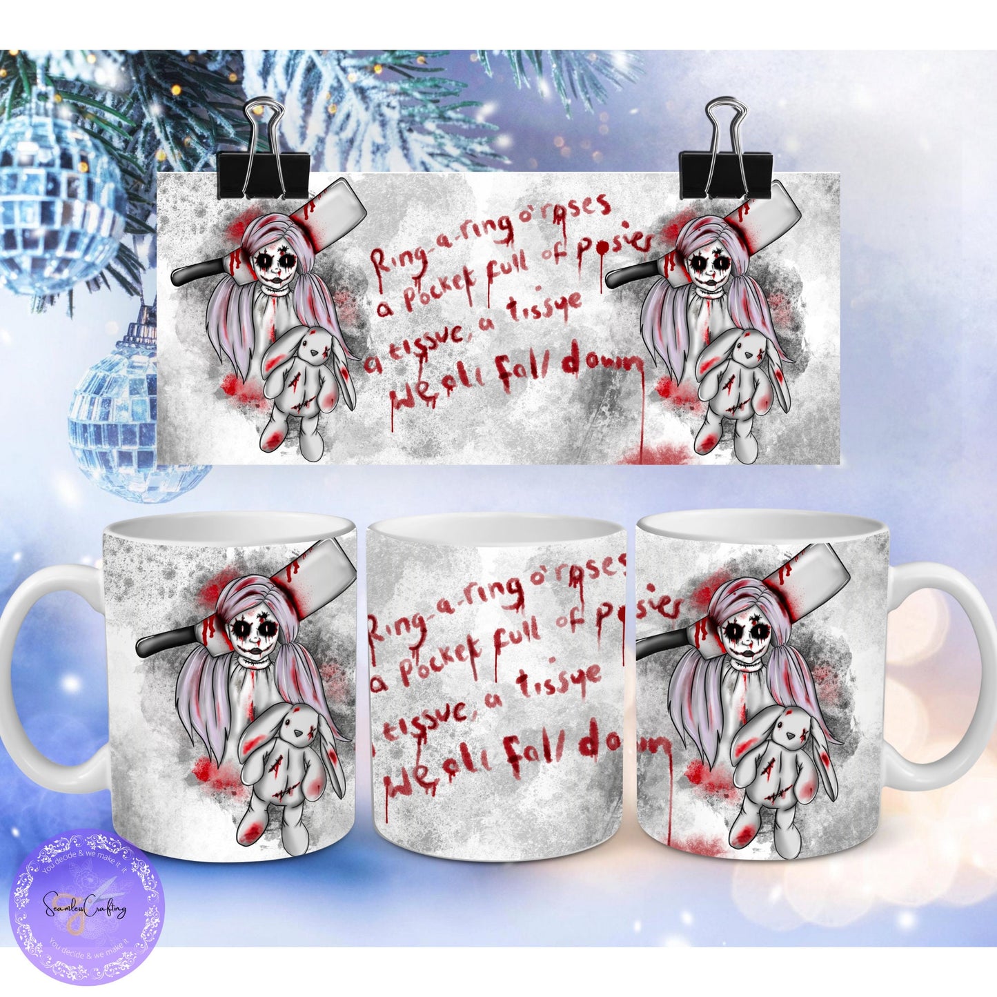 Creepy Haunted Doll Movie Themed Mug, Ring a Roses Scary Voodoo Doll Mug, Creepy Stuffed Rabbit, Evil Doll Halloween Axe Head, Bloody Rabbit