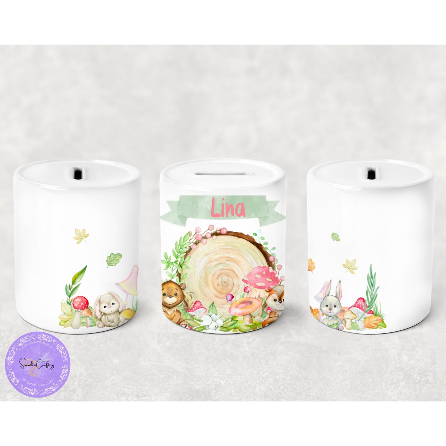 Personalised Pink Animal Forest Money box for girls & boys, Piggy Bank for kids with names, Money Tin, Saving Jar coins, Nursing Decor