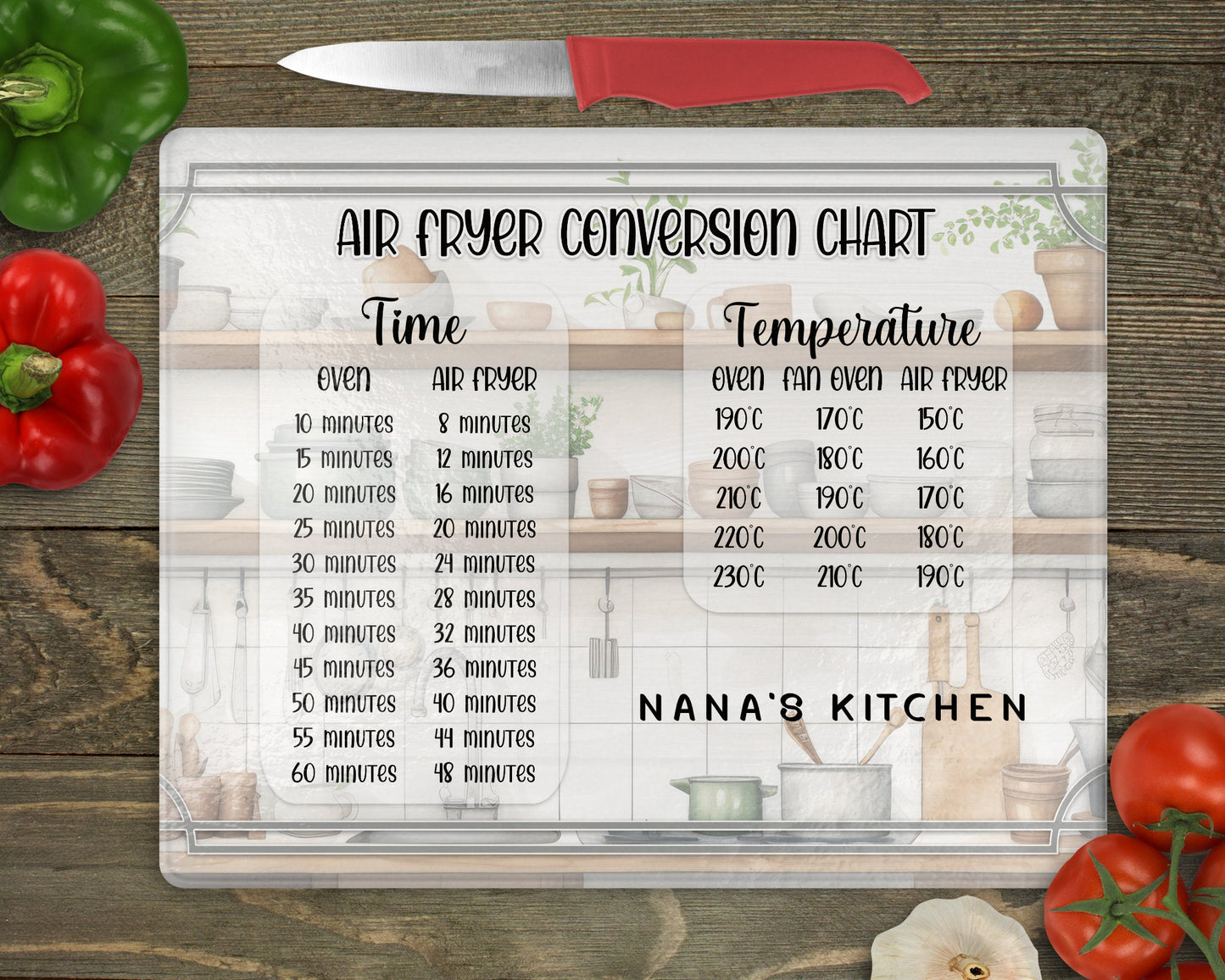 Personalised Glass Air Fryer Conversion Chart, Cooking lover gift, Tampered Glass, Baker, Chef cooking Aid, Customised Board, Birthday Gift