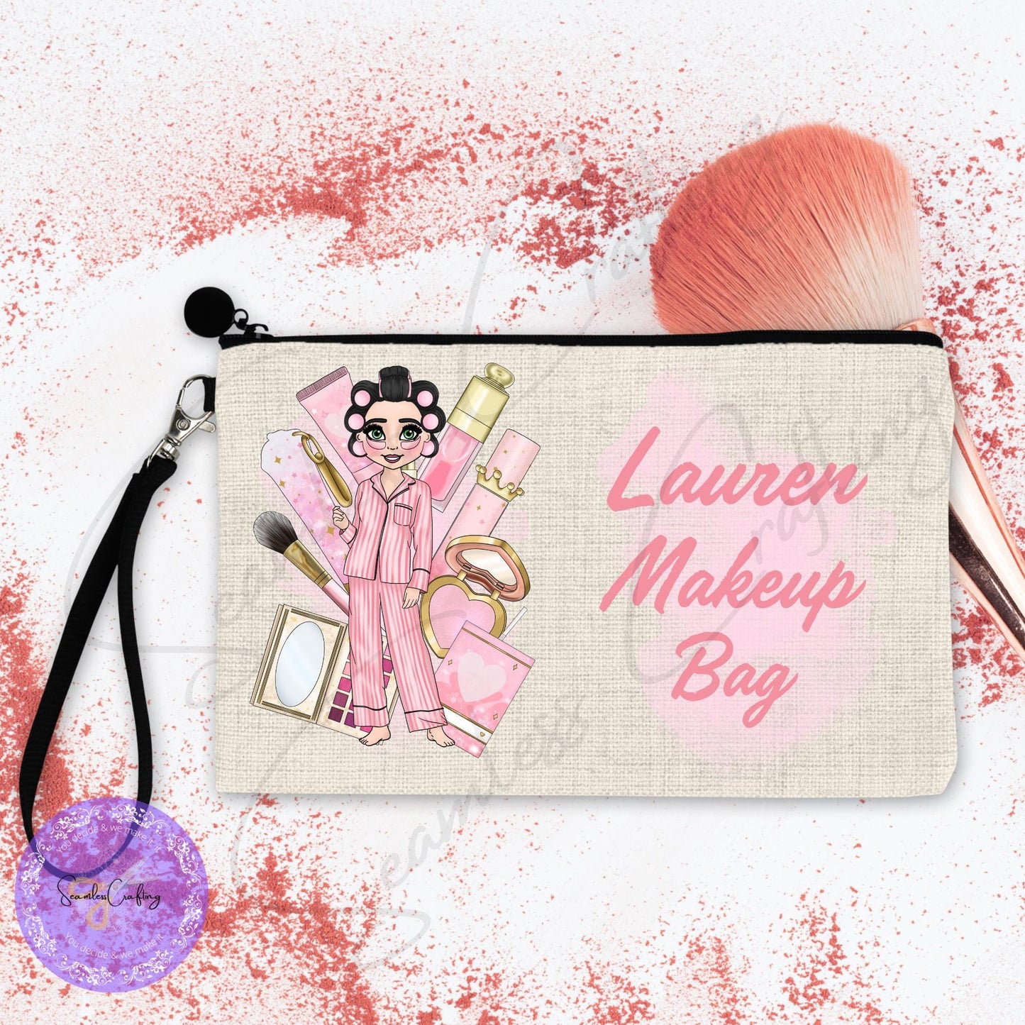 Personalised Makeup Character Girl Linen Pouch, Toiletry bag, Makeup brush holder, Brushes Storage, Custom Pink Doll, Birthday gift for her