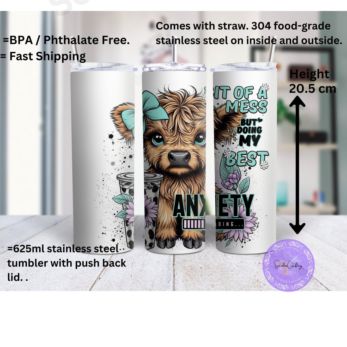 Personalised Funny Highland Cow Bottle - 20 oz Tumbler | Positive Affirmation Gift, Cute Highland Coo Design, Stainless steel, Add any name
