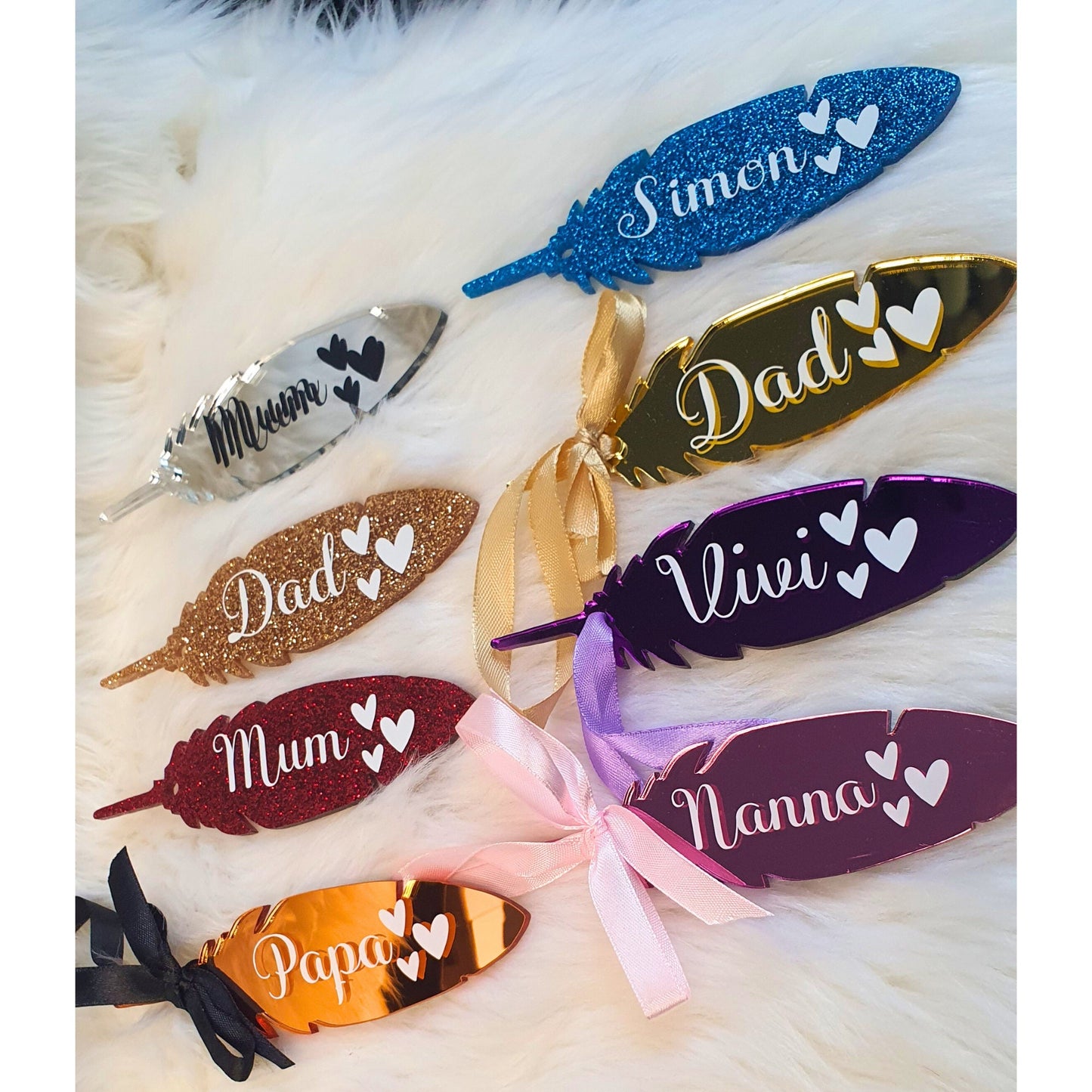 Personalised Memorial Feather, Keepsake feather, Hanging Feather Bauble, Table Holder, Thinking of you Gift, Handmade acrylic feather