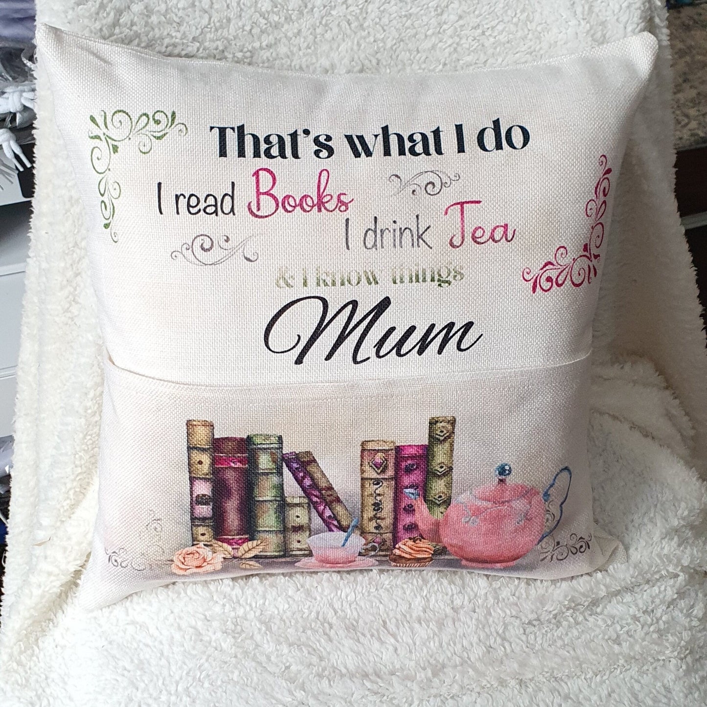 Personalised Pocket Reading Book Cushion, That's what I do cushion gifts, tea and loving reading pillow, Bedroom Decor, Unique Cushion