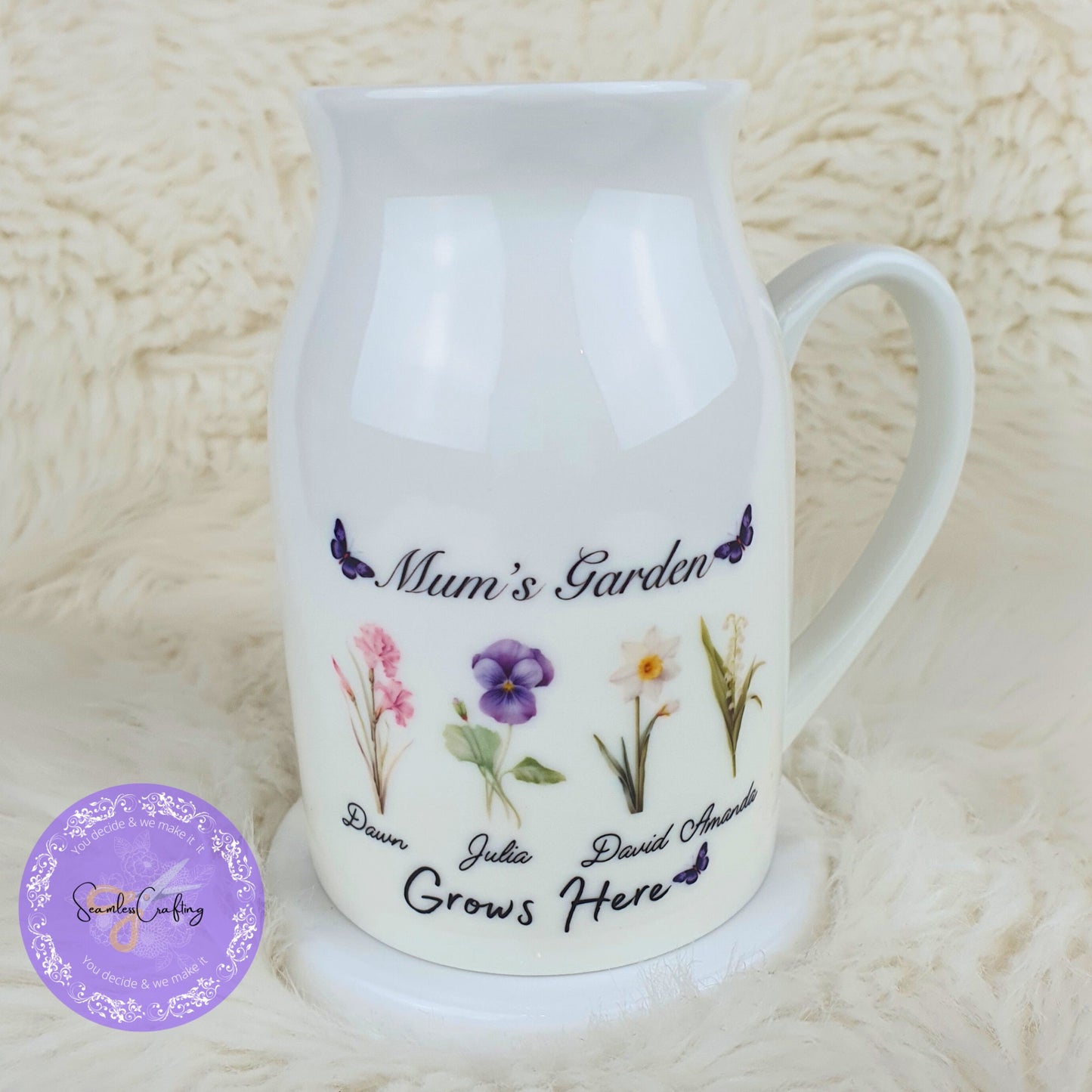 Personalised Mum's Nana's garden grows here, Ceramic Jug, Flower vase, Custom Floral names,