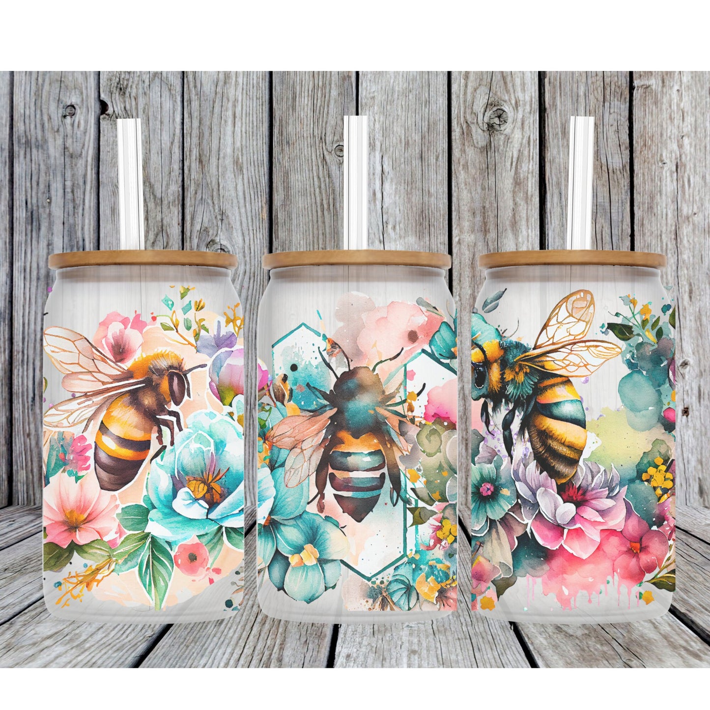 Personalised Glass Cup Floral Bee, Iced Coffee Glass Cup, Glass Beer Can Bambo Lid & Plastic Straw, Gift For Bee Lover, Gift For Her, Bride