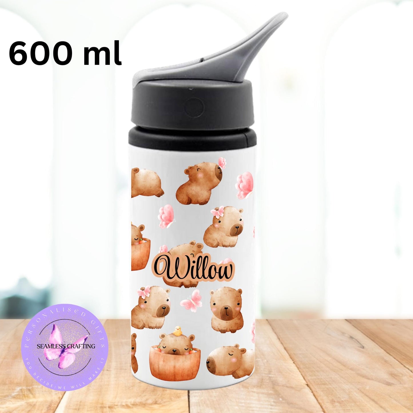 Personalised Capybara Water Bottle or Tumbler – Custom Name Chibi Animal Drinkware – 15oz / 20oz Stainless Steel or 600ml Bottle – Cute Gift for Capybara Lovers