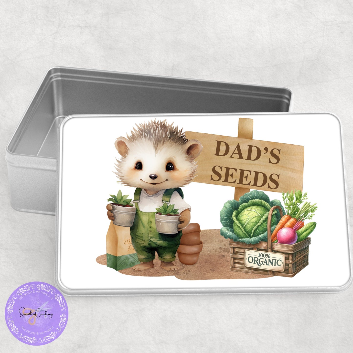 Personalised Hedgehog Gardening Seeds Tin, Garden Seed Storage, Add any name or text, Aluminium metal allotment keepsake, seed kit box