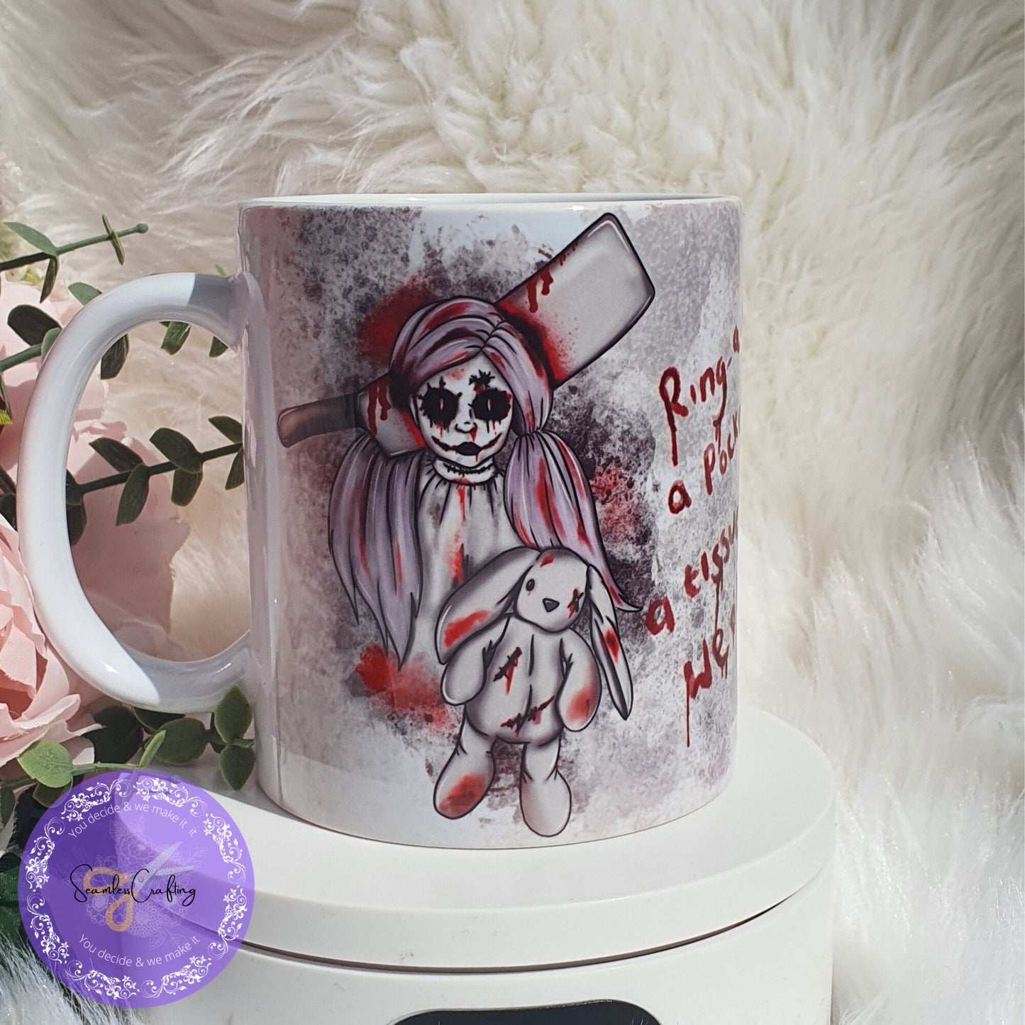 Creepy Haunted Doll Movie Themed Mug, Ring a Roses Scary Voodoo Doll Mug, Creepy Stuffed Rabbit, Evil Doll Halloween Axe Head, Bloody Rabbit