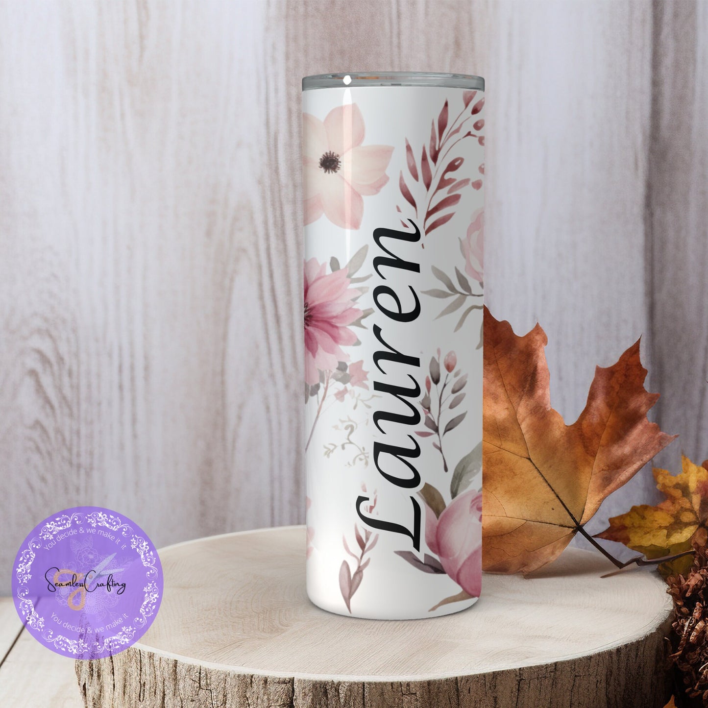 Personalised Arabic & English name 20 oz Tumbler. Pink Floral isulated cup, Reausble custom made stainless steel mug, Add any name