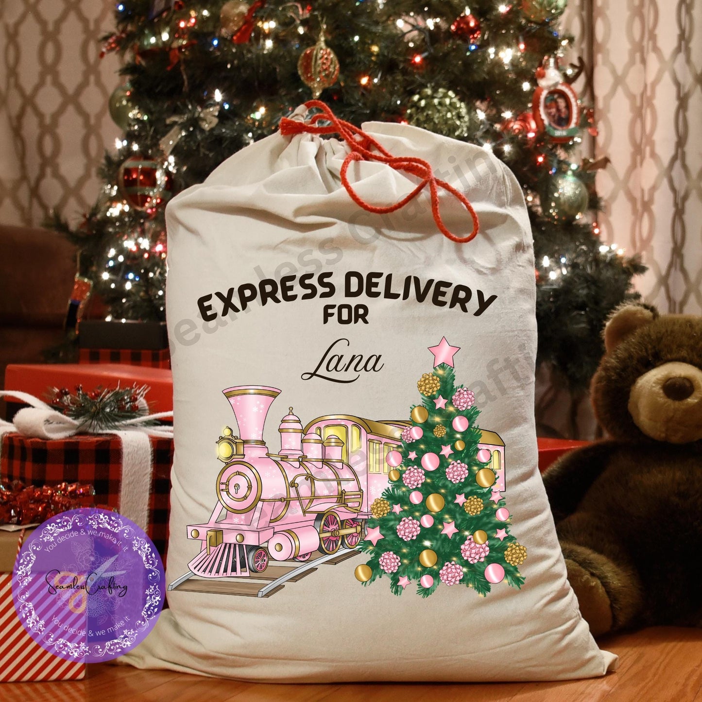 Personalised Santa Sack, Express Delivery bag, Add any name, Thick linen canvas, Drawstring Toys bag, Christmas Eve bag, Gifts for children