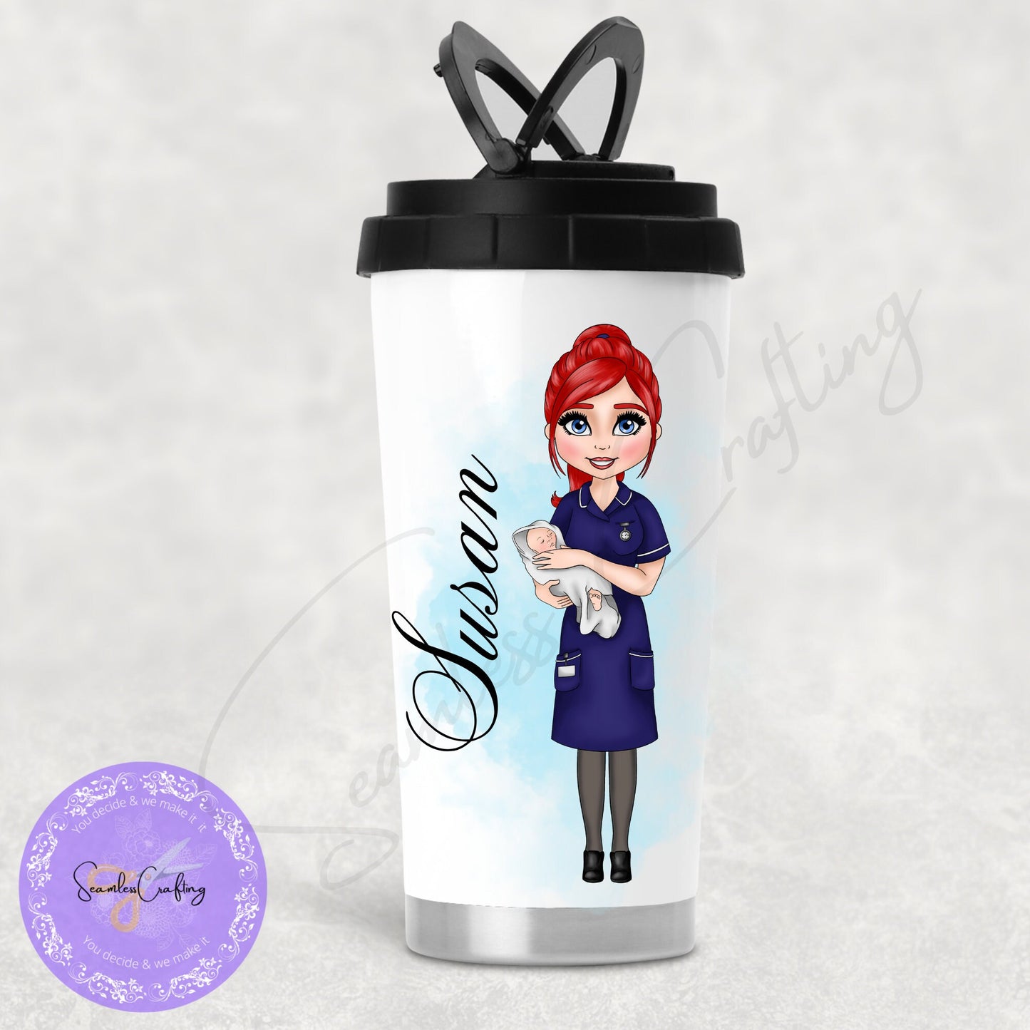 Personalised Midwife Navy uniform Thermos flask, Insulated Travel Mug, Trainee midwife Gift, Reusable Cup For work, Design your Character