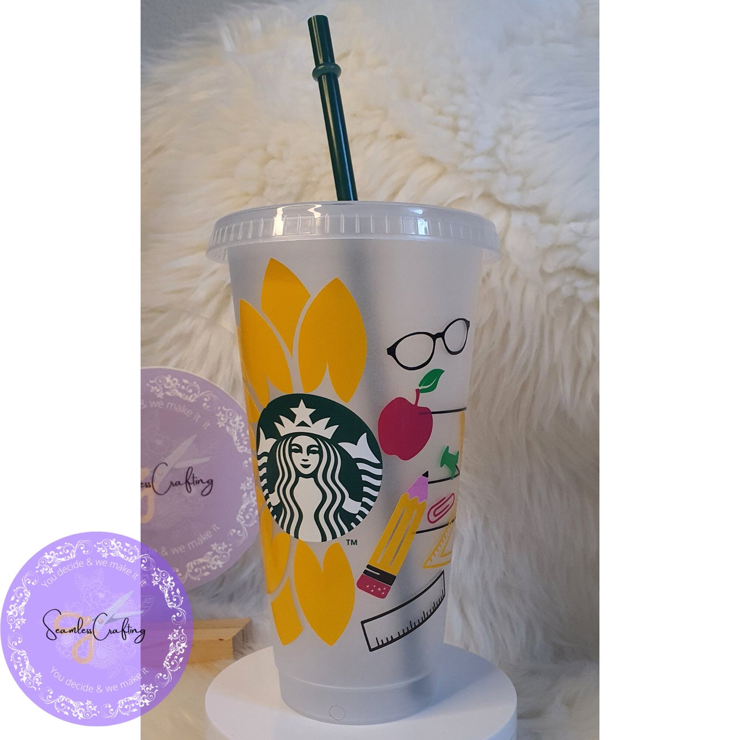Personalised Starbucks Sunflower Cup, Teacher Pencil Apple Cup, Large Cold Cup 24 0z Cup size, Starbuck Cup with name, Reusable Gift Cup