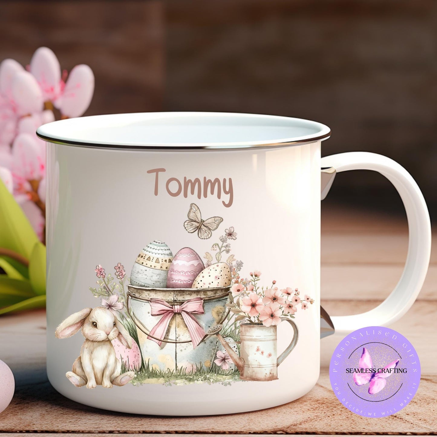 Personalised Easter bunny treat set, Enamal bunny mug, party favour for kids, Gift Mug Easter Hamper Idea, basket filler, birthday party