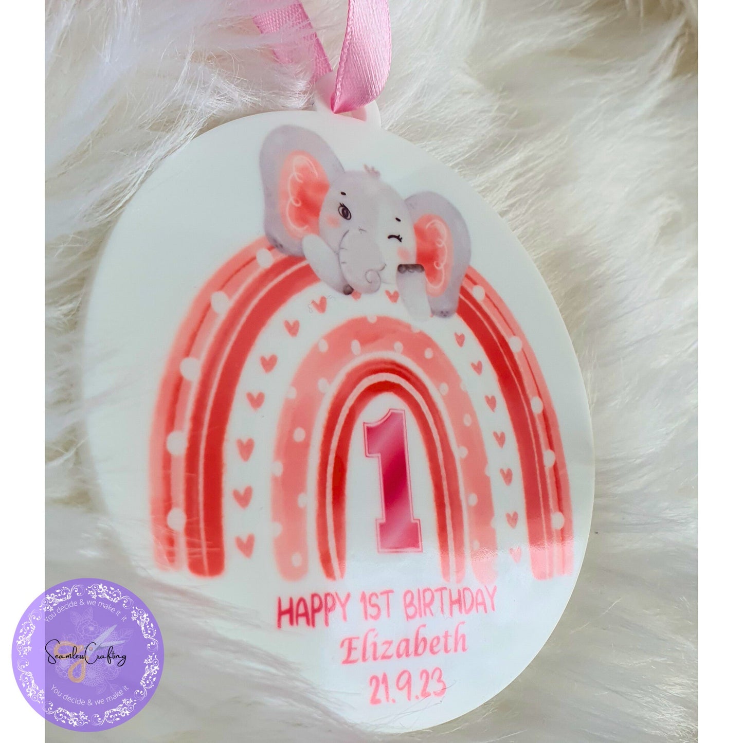Personalised 1st Birthday plaque, Cute elephant birthday ornament, Keepsake plaque for boy or girl, Acrylic birthday ornament gift with bag