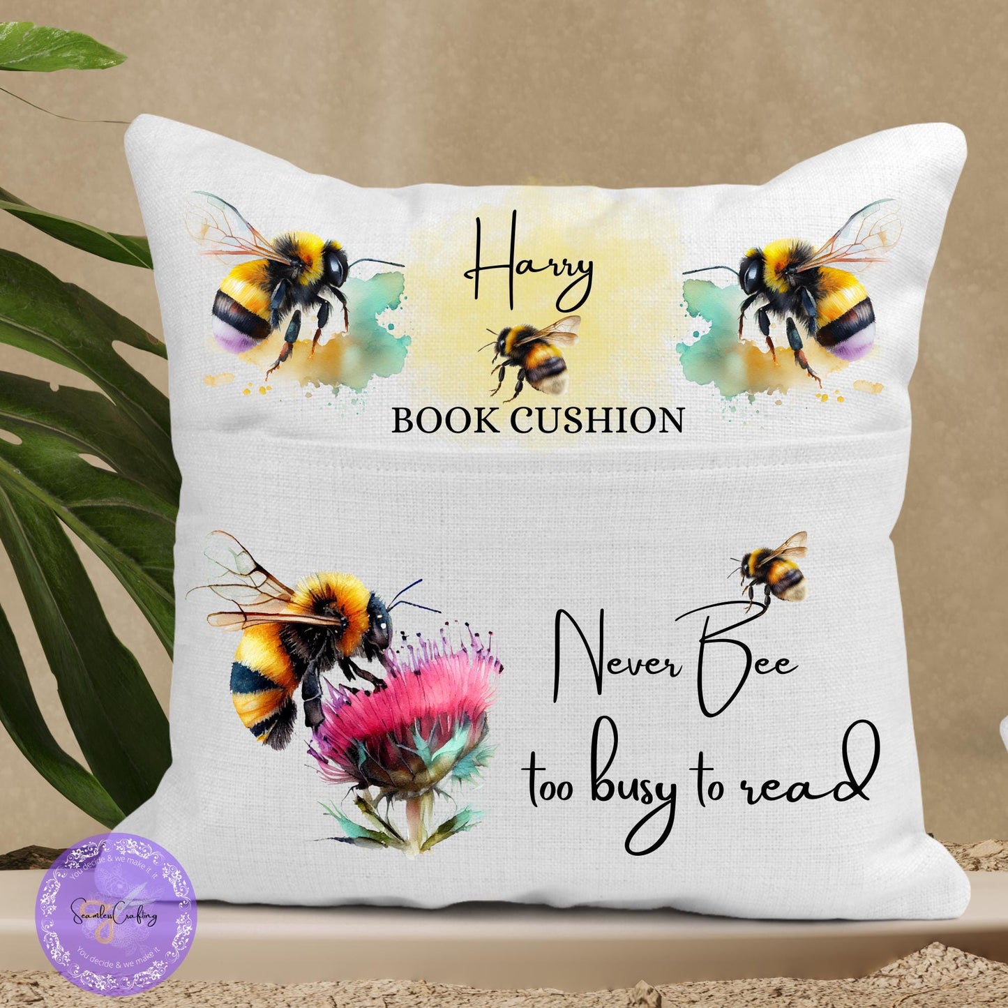 Personalised Adult Bee Reading Cushion, Storytime Pillow, Reading Pocket cushion, Bedroom, Booklover gifts, Canvas Linen Cushion, Floral bee